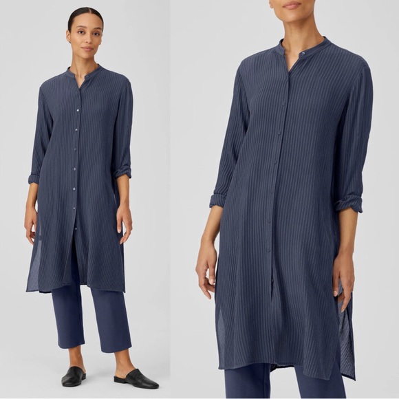 Eileen Fisher Tops - Eileen Fisher Accordion Silk Jacquard Mandarin Collar Long Shirt Medium Blue